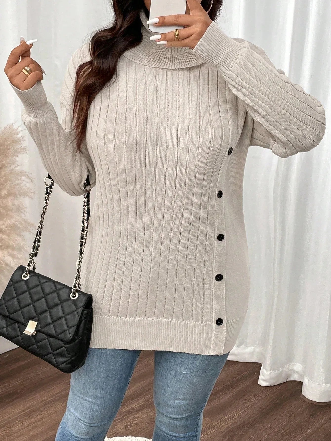 Vanilla Cream Side Button Turtleneck Sweater - View 6 | WEUXS