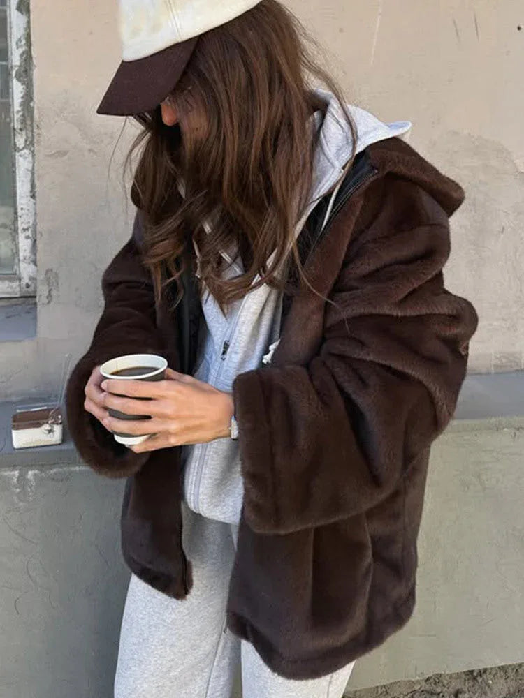 Luxe Chocolate Brown Hooded Faux Fur Jacket - WEUXS