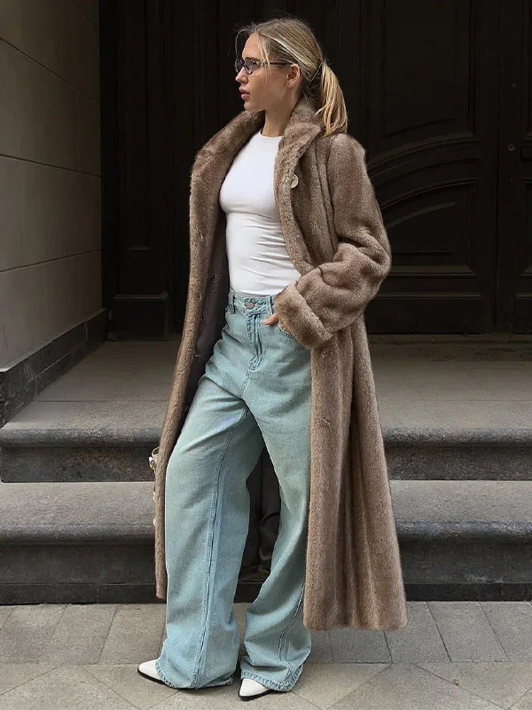 Vintage Mink Texture Faux Fur Long Coat - WEUXS