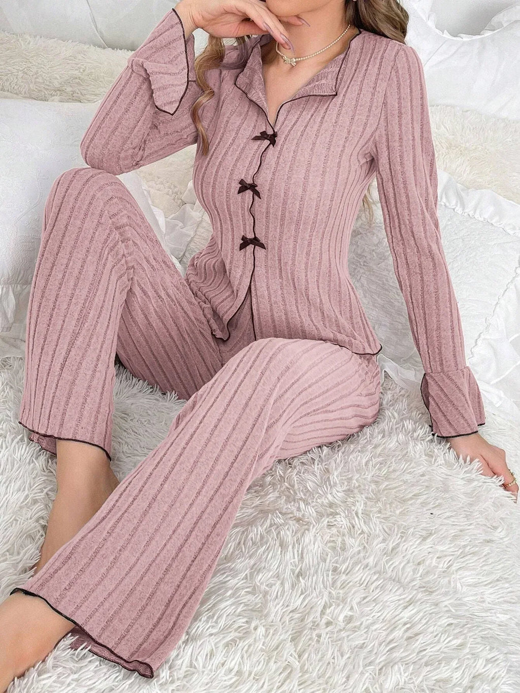 Ribbed pajama set with bow details - View 25 | WEUXS