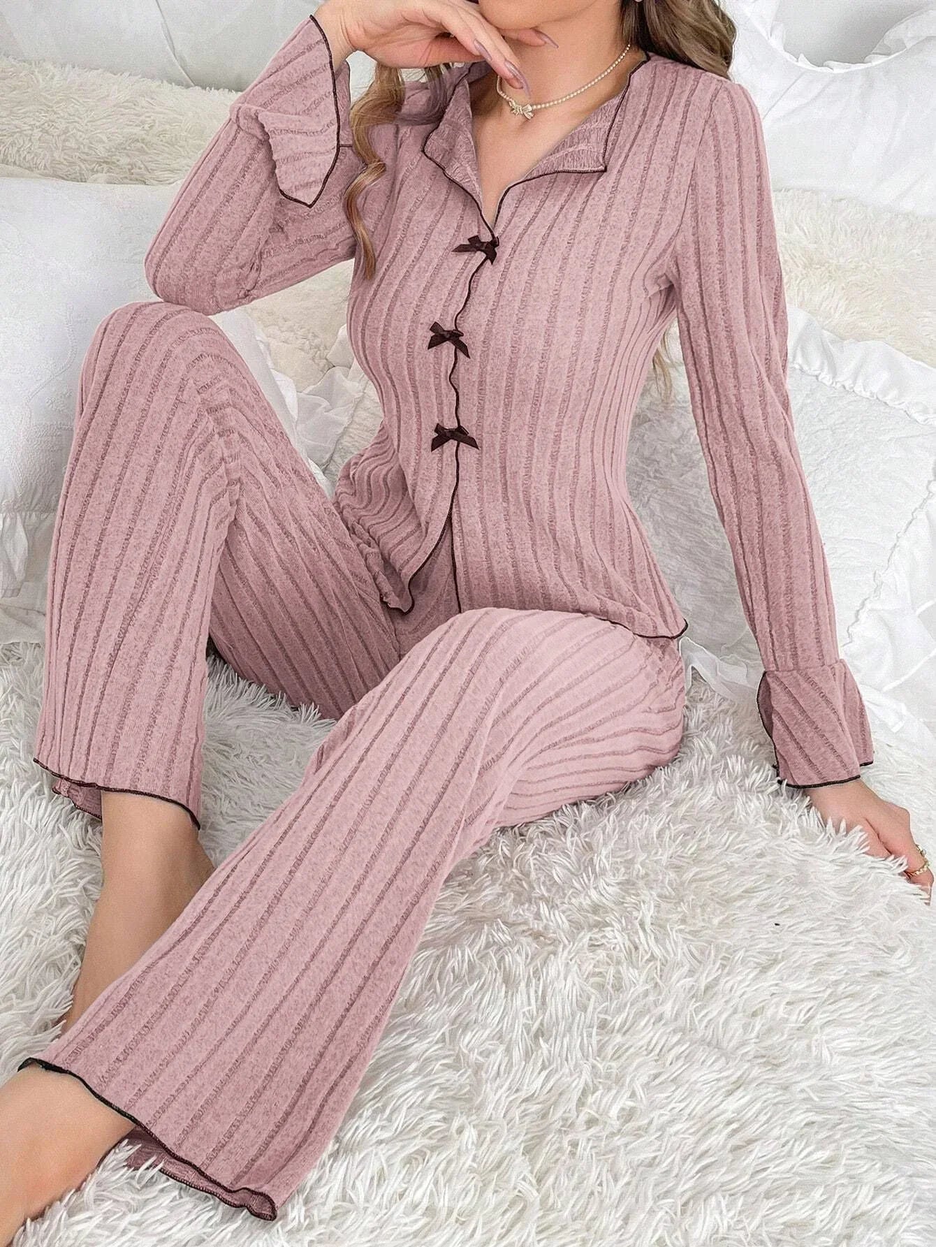 Ribbed pajama set with bow details - View 25 | WEUXS