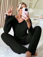 Ribbed Pajama Set with Contrast Trim and Bow - View 13 | WEUXS