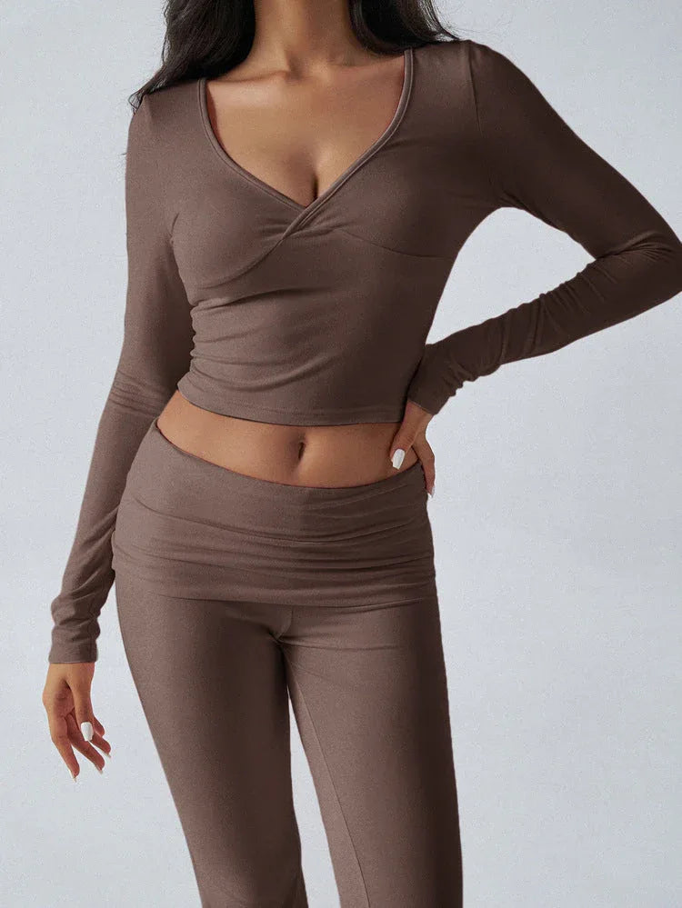 V-Neck Knit Crop Top and Flare Pants Set - View 17 | WEUXS