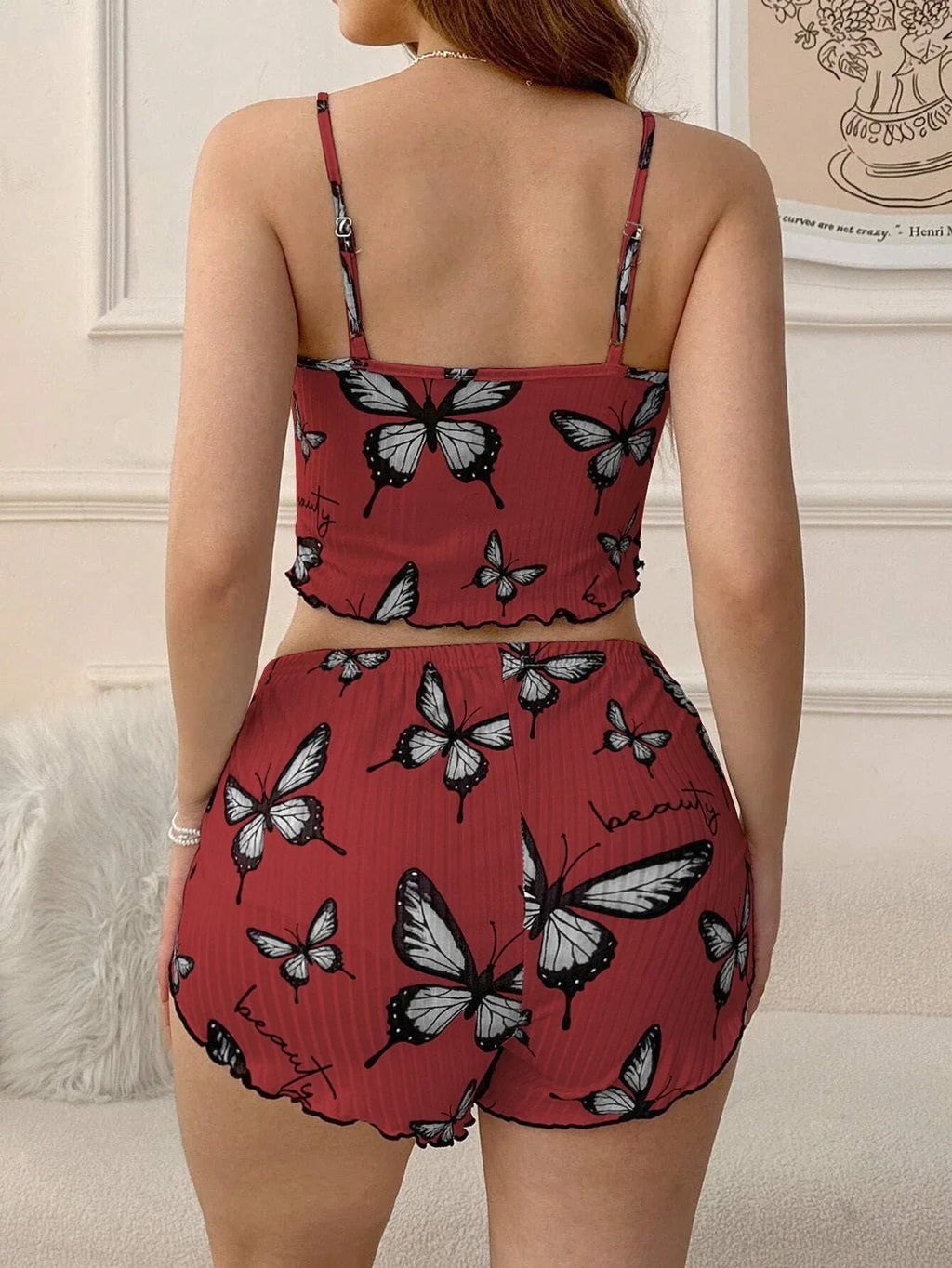 Ribbed butterfly print cami and shorts set - View 12 | WEUXS