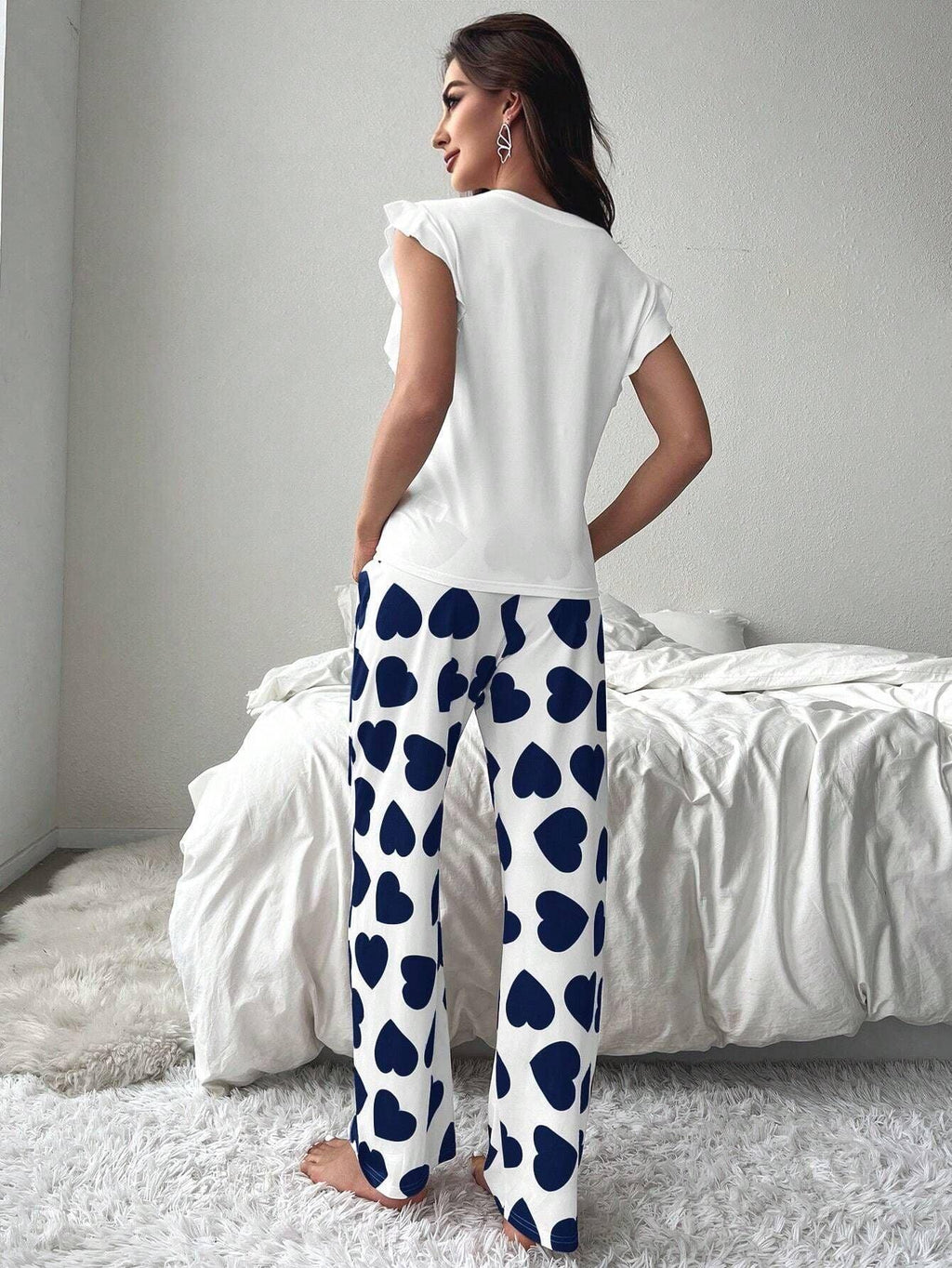 Heart Print Pajama Set with Ruffle Sleeves - View 20 | WEUXS