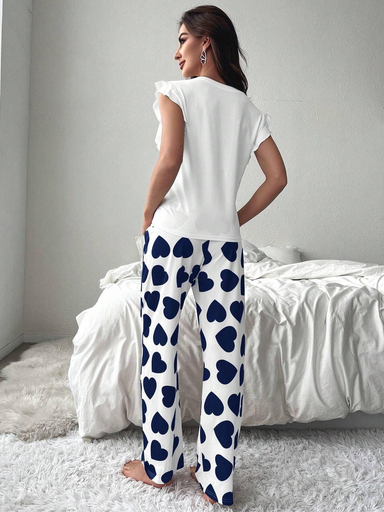 Heart Print Pajama Set with Ruffle Sleeves - View 20 | WEUXS