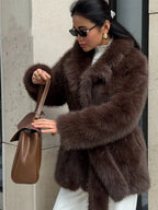 Mid-length faux fur coat with belted waist and lapel collar - View 9 | WEUXS