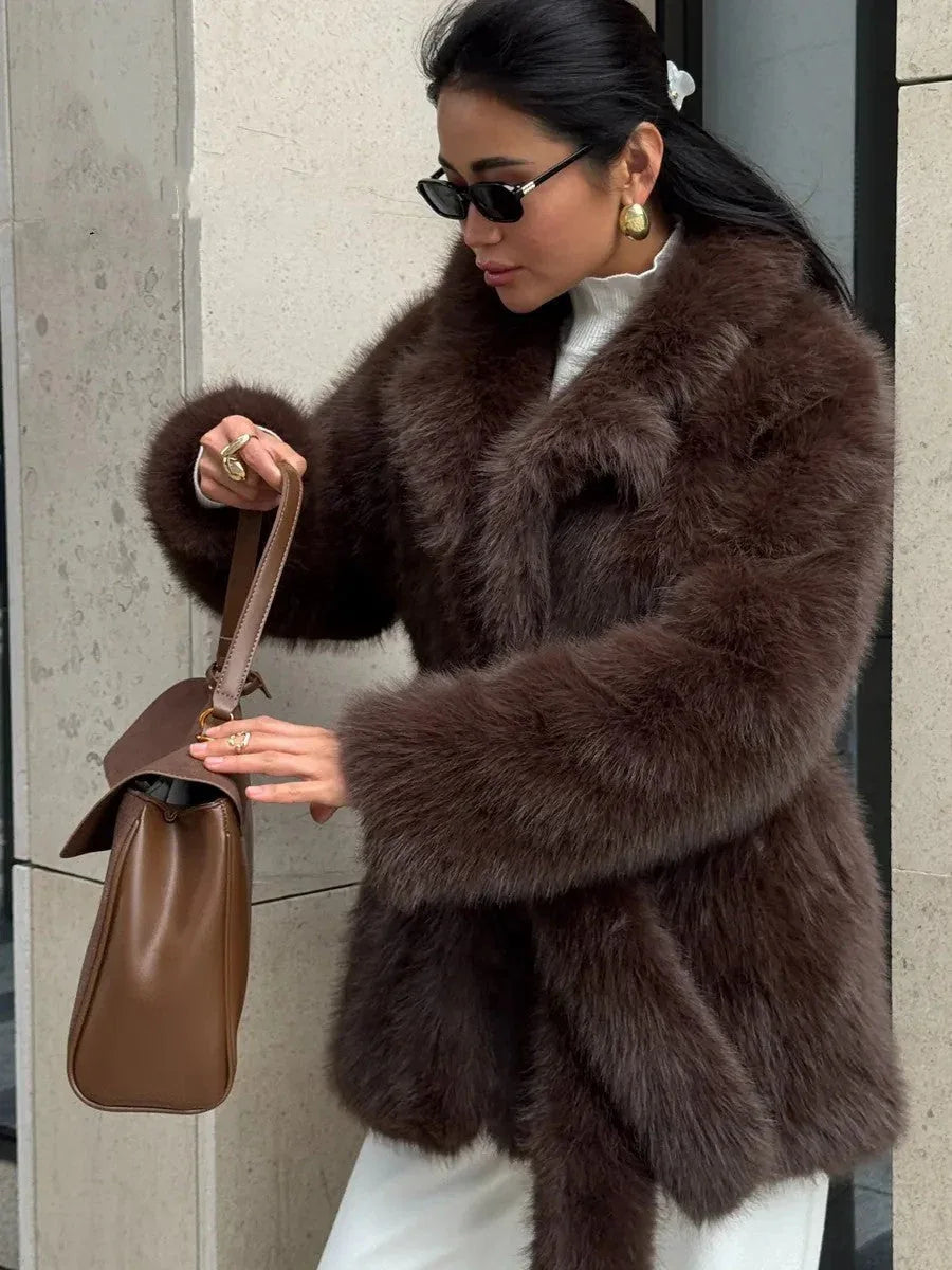 Mid-length faux fur coat with belted waist and lapel collar - View 9 | WEUXS