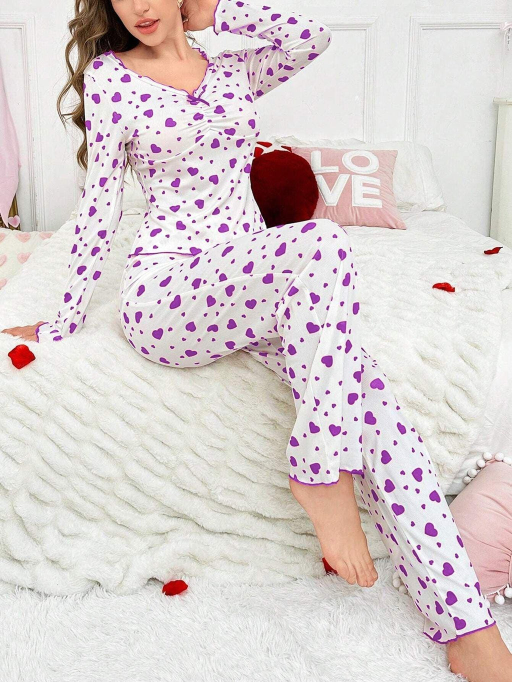 Ribbed Heart Print Pajama Set - View 32 | WEUXS