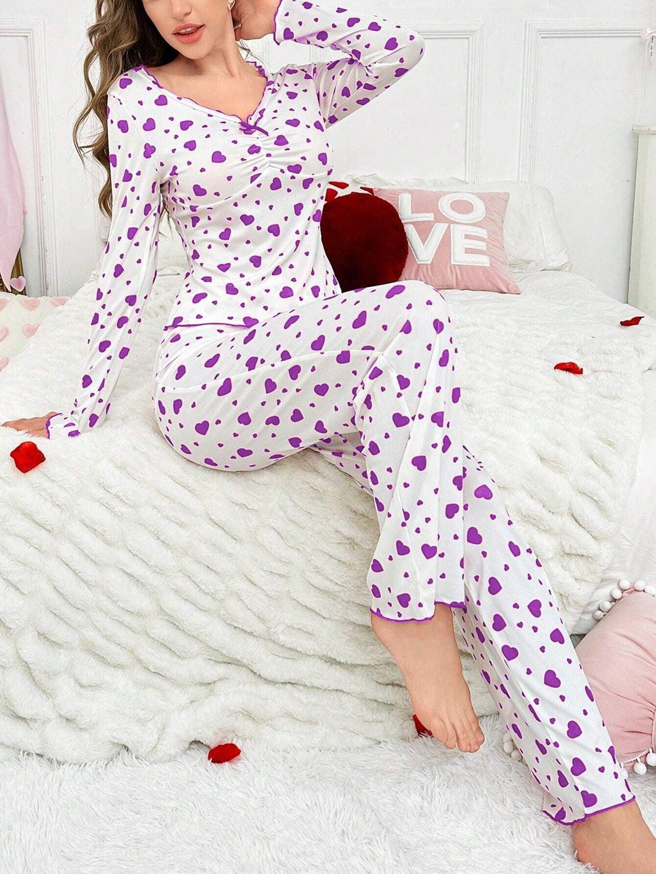 Ribbed Heart Print Pajama Set - View 32 | WEUXS