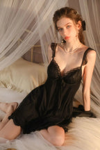 Black Ruffled Satin Slip Dress & Robe Set - WEUXS
