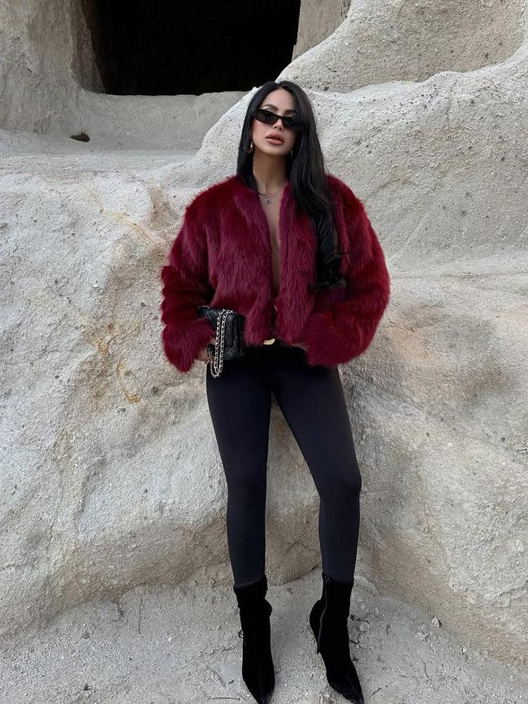 Luxe Burgundy Shaggy Faux Fur Cropped Jacket - WEUXS