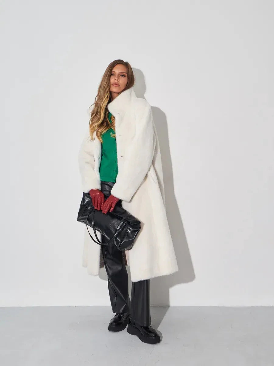 Long white faux fur coat with stand collar - View 6 | WEUXS
