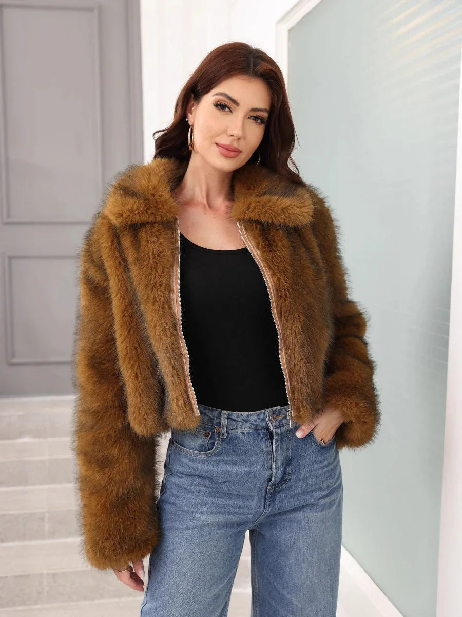St. Moritz Caramel Cropped Faux Fur Zip-Up Jacket - WEUXS