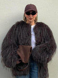 Luxe Espresso Shaggy Faux Fur Round Neck Jacket - WEUXS