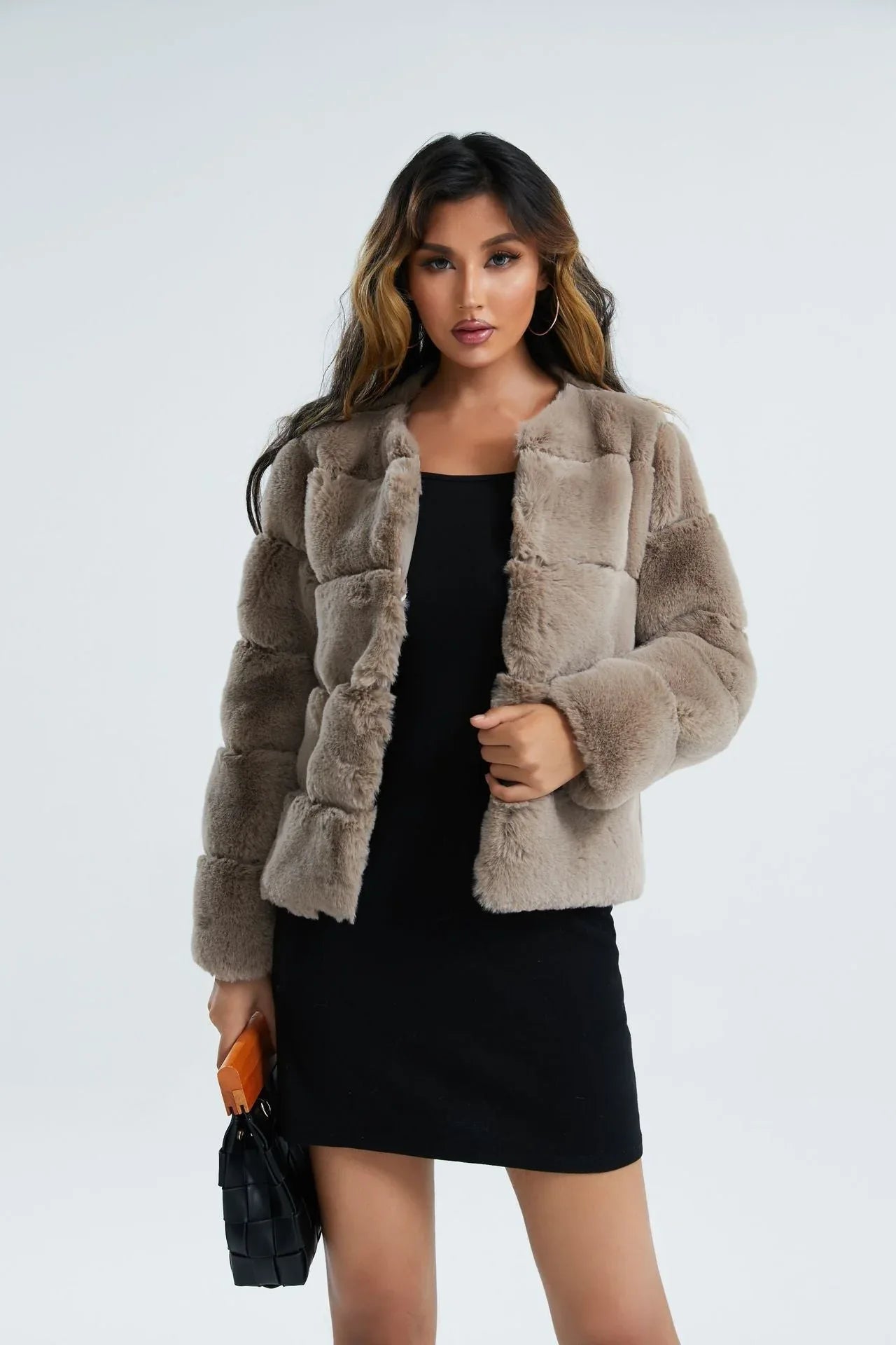 Faux fur jacket with collarless neckline
