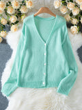 Mint green V-neck knit cardigan laid flat