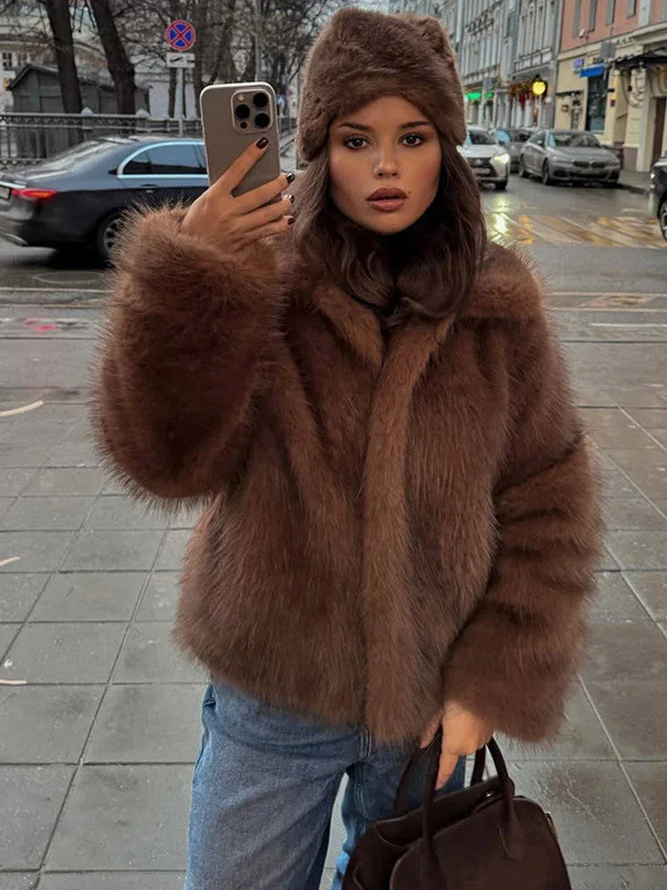 Chic Cocoa Soft Faux Fur Lapel Jacket - WEUXS