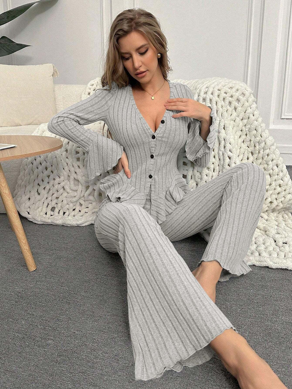 Ribbed Peplum Knit Lounge Set - View 19 | WEUXS