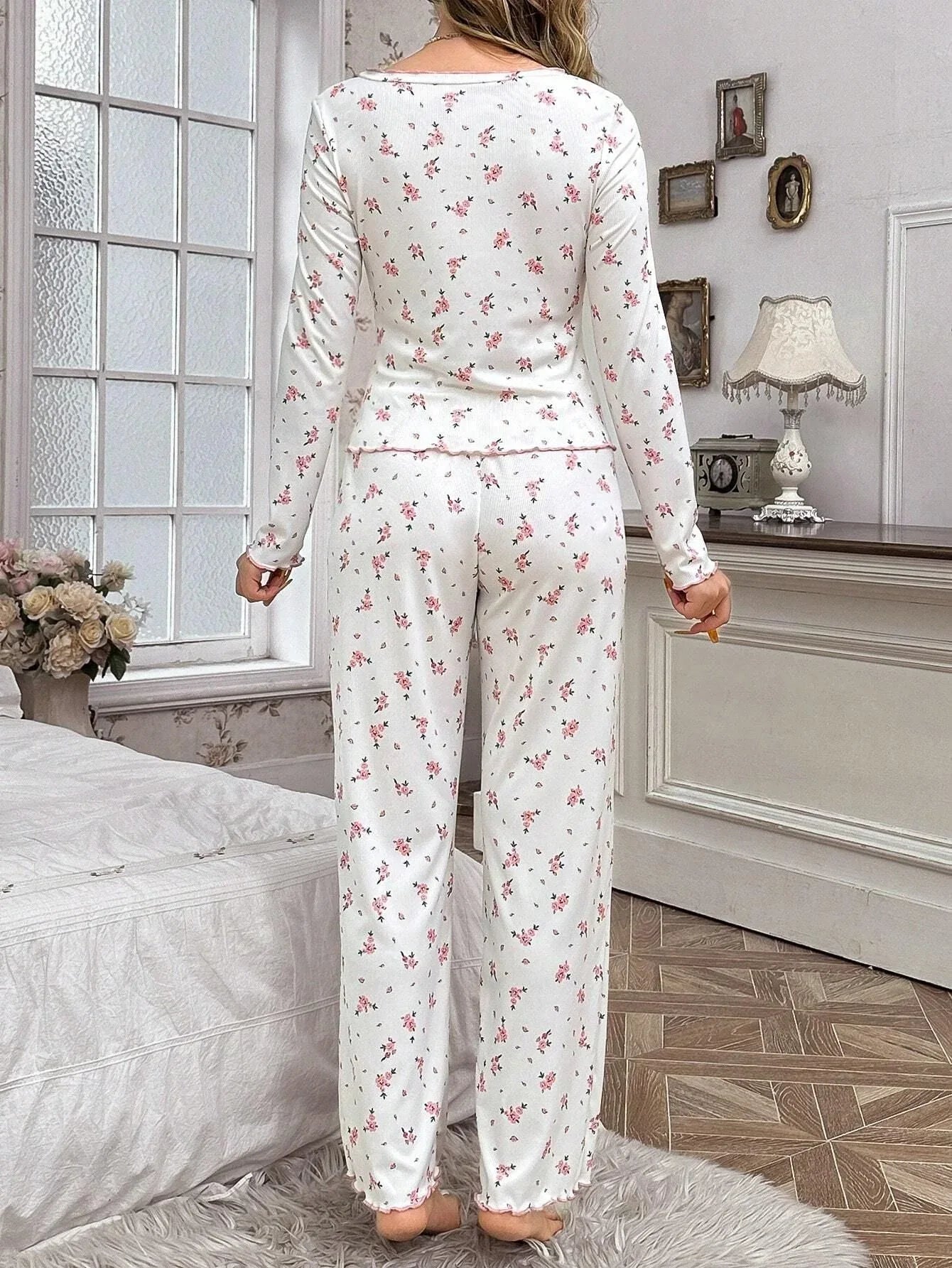 Ribbed knit pajama set with floral print - View 8 | WEUXS