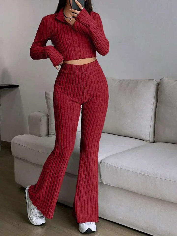 Vintage Moss Ribbed Knit Two-Piece Set - View 10 | WEUXS