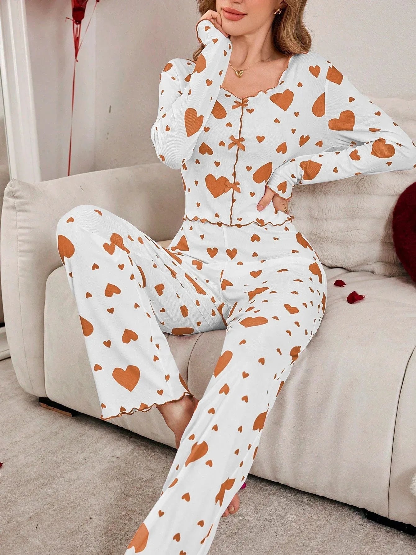 Ribbed heart print pajama set - View 24 | WEUXS