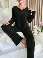 Ribbed pajama set with contrast trim and bow - View 28 | WEUXS