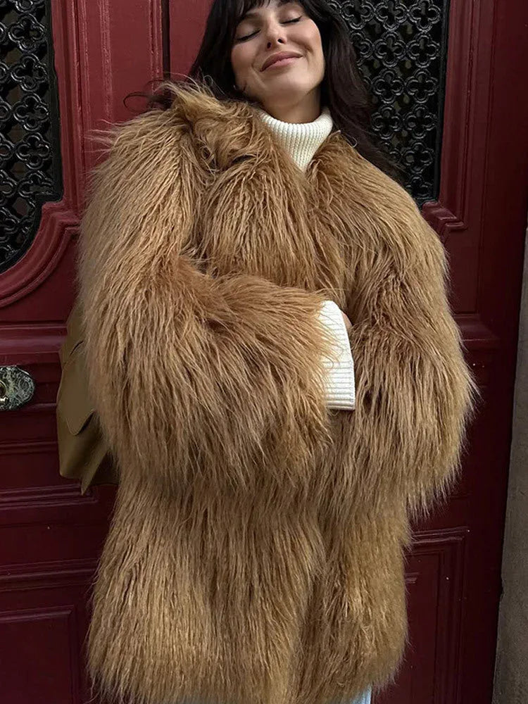 Luxe Golden Camel Shaggy Faux Fur Coat - WEUXS