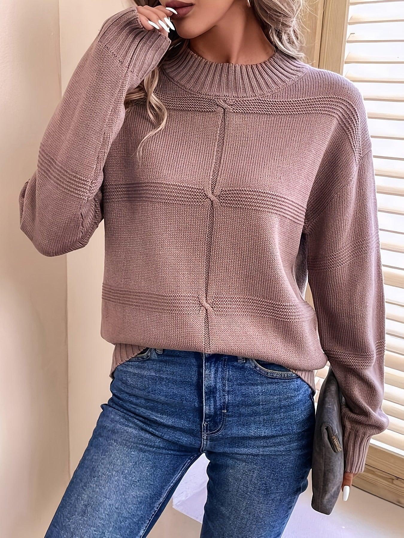 Dusty Rose Textured Mock Neck Knit Sweater - WEUXS