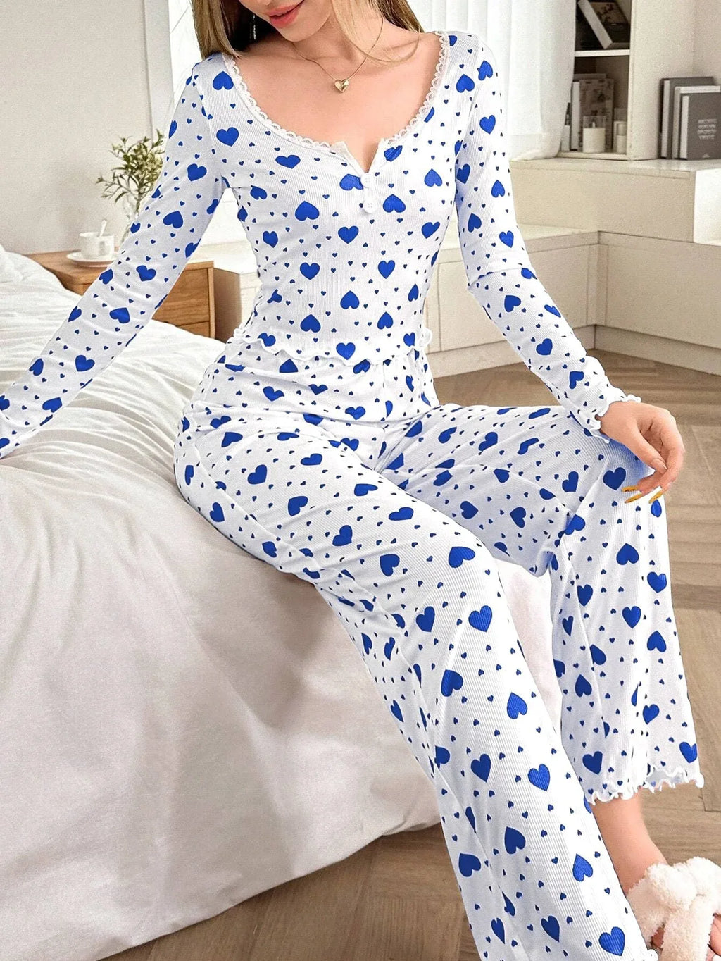 Ribbed Heart Print Pajama Set - View 22 | WEUXS