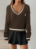 Ivy League V-Neck Cable Knit Sweater - WEUXS
