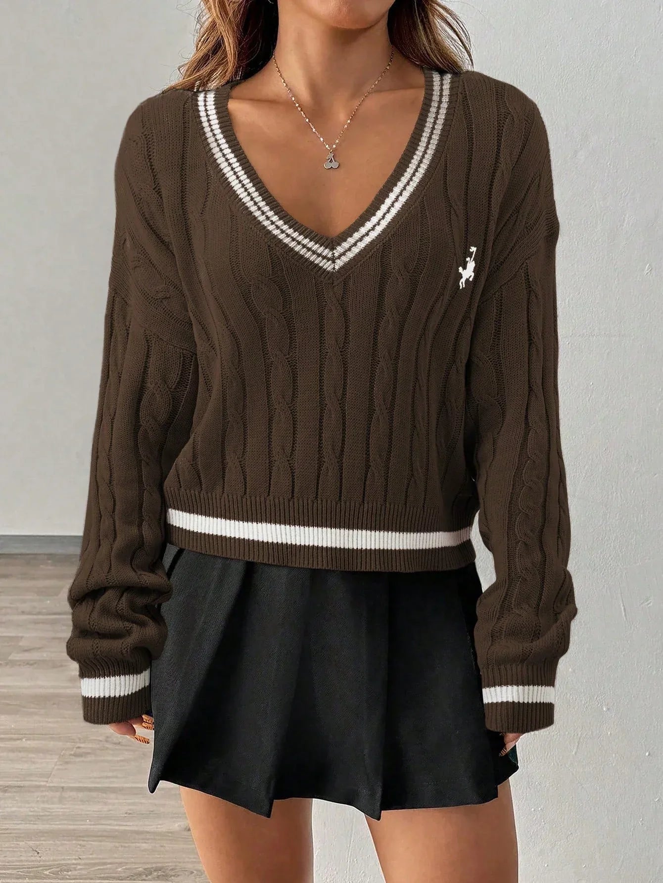 Ivy League V-Neck Cable Knit Sweater - WEUXS
