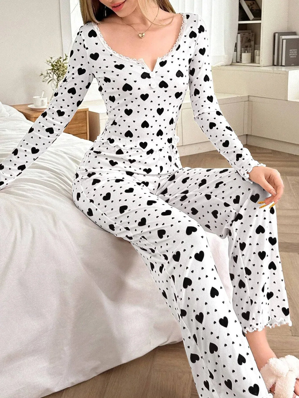 Ribbed Heart Print Pajama Set - View 11 | WEUXS