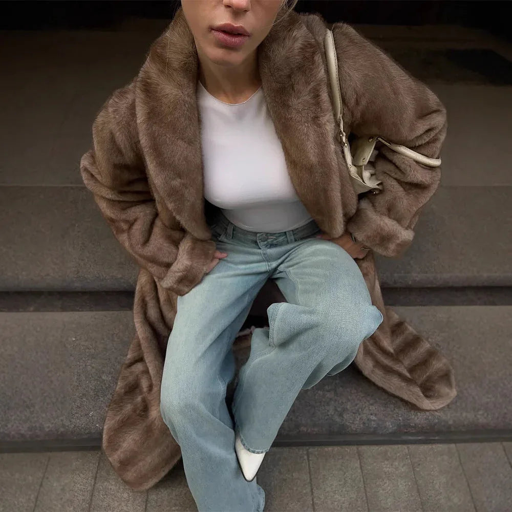 Vintage Mink Texture Faux Fur Long Coat - WEUXS