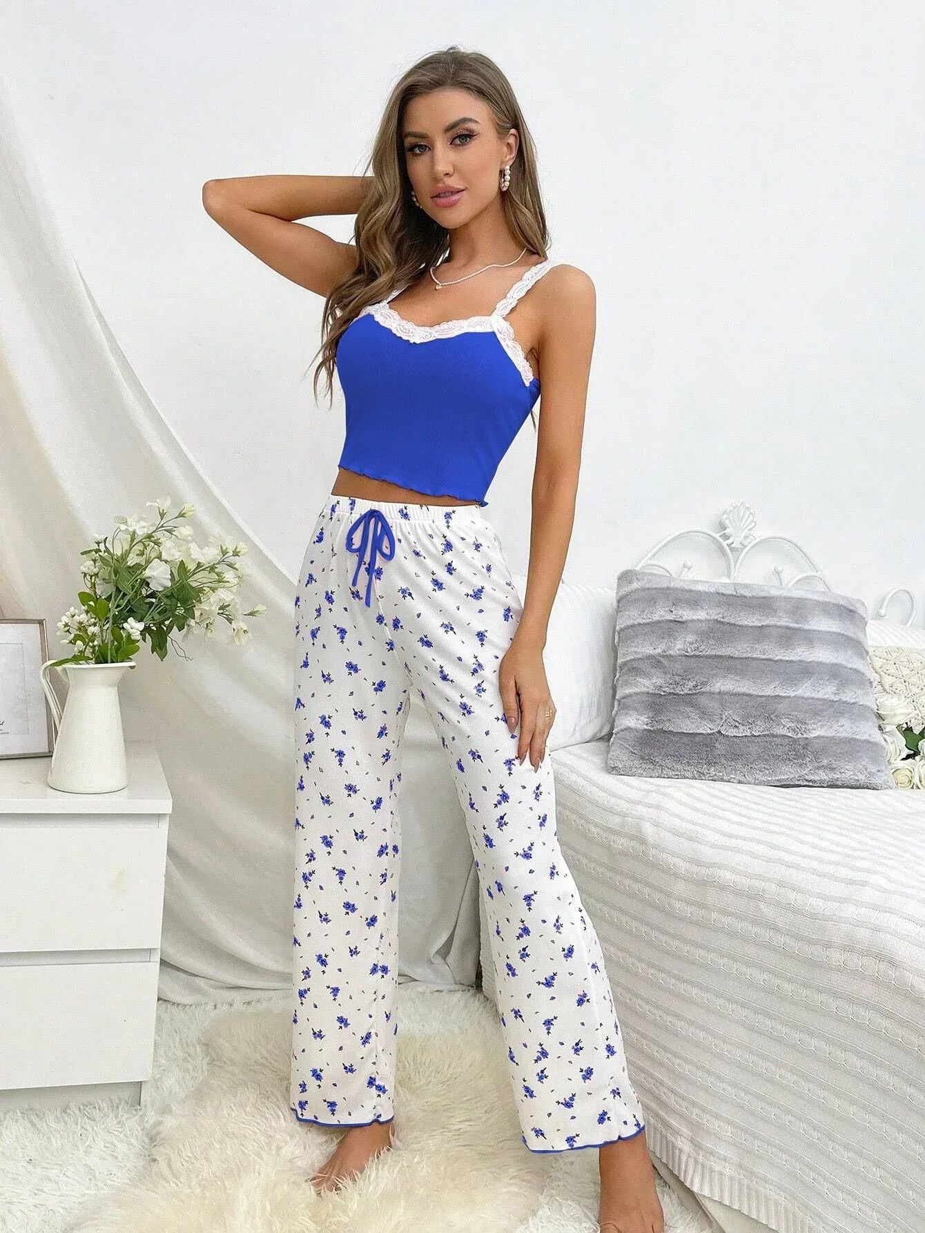 Pink Ribbed Cami & Floral Pants Pajama Set - WEUXS