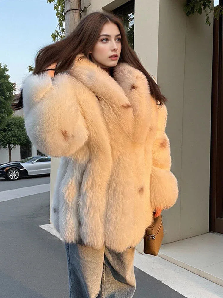 Close-up of a woman wearing a cream faux fur coat with a voluminous collar and sleeves.