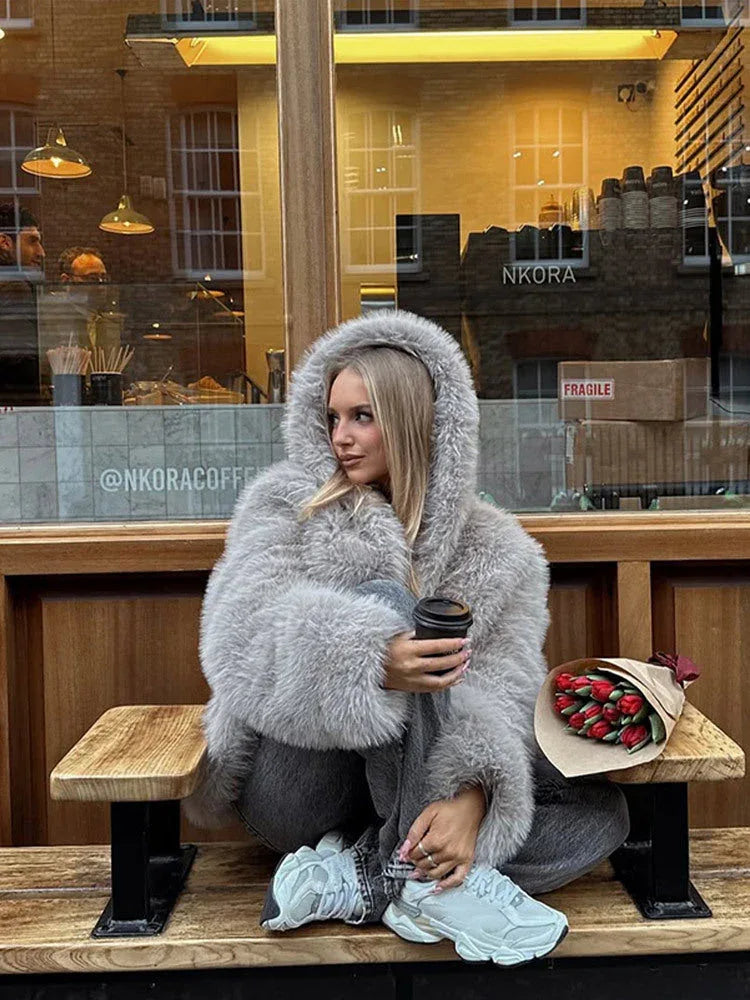 Grey faux fur hooded cropped coat - View 6 | WEUXS