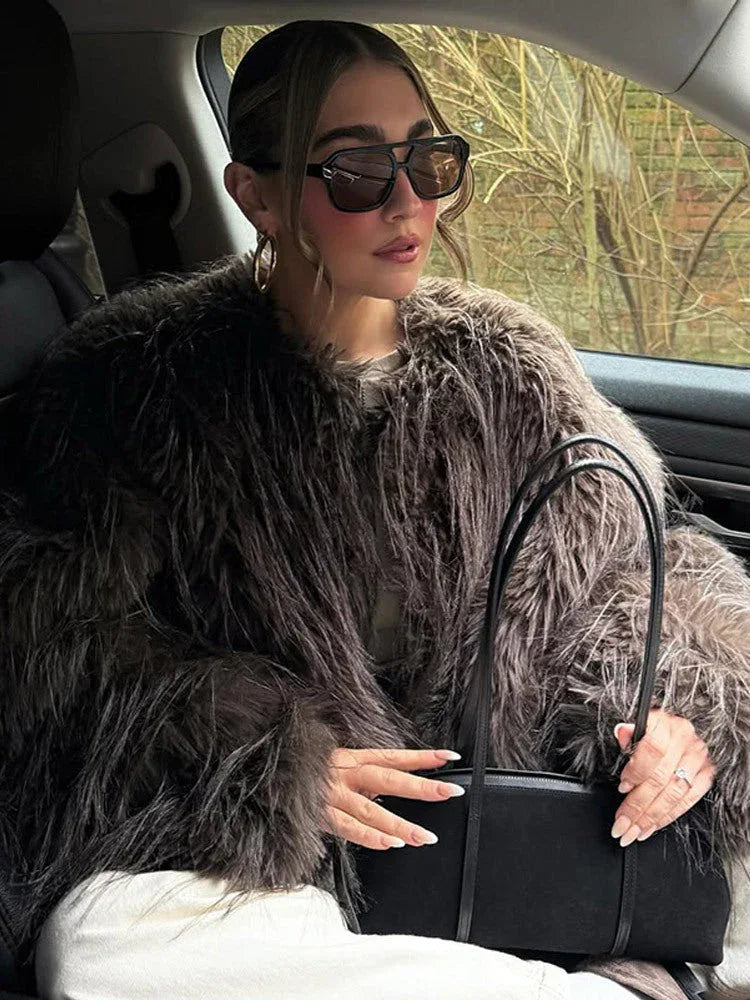 Luxe Espresso Shaggy Faux Fur Round Neck Jacket - WEUXS