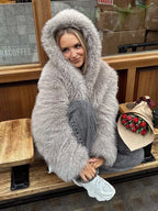 Grey faux fur hooded cropped coat - View 14 | WEUXS