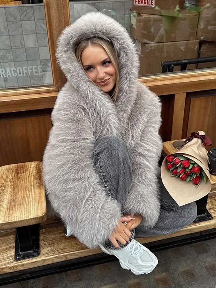 Grey faux fur hooded cropped coat - View 14 | WEUXS