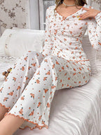 Coquette Ditsy Floral Ribbed Knit Pajama Set - WEUXS