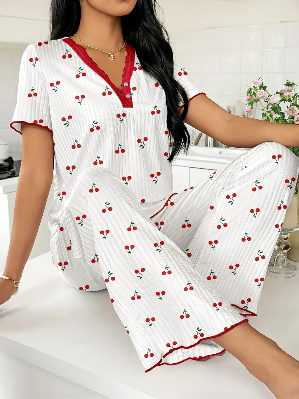 Heart Print Ribbed Lounge Set - View 23 | WEUXS