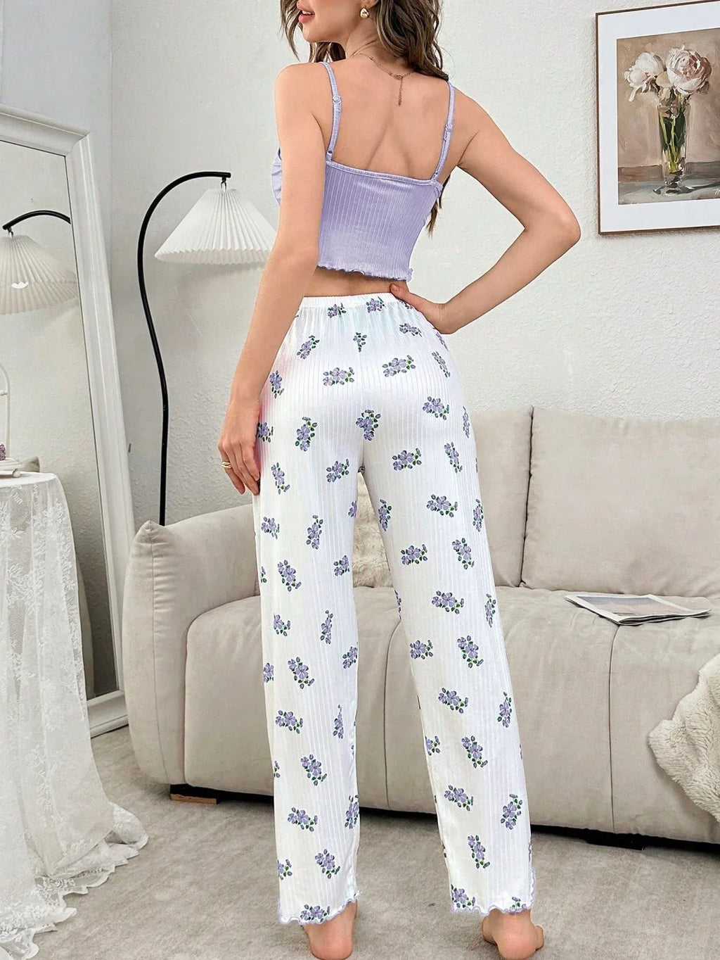 Pink Ribbed Cami & Floral Pants Set - WEUXS