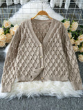 Beige knit cardigan with hollow out pattern and gold buttons - View 6 | WEUXS