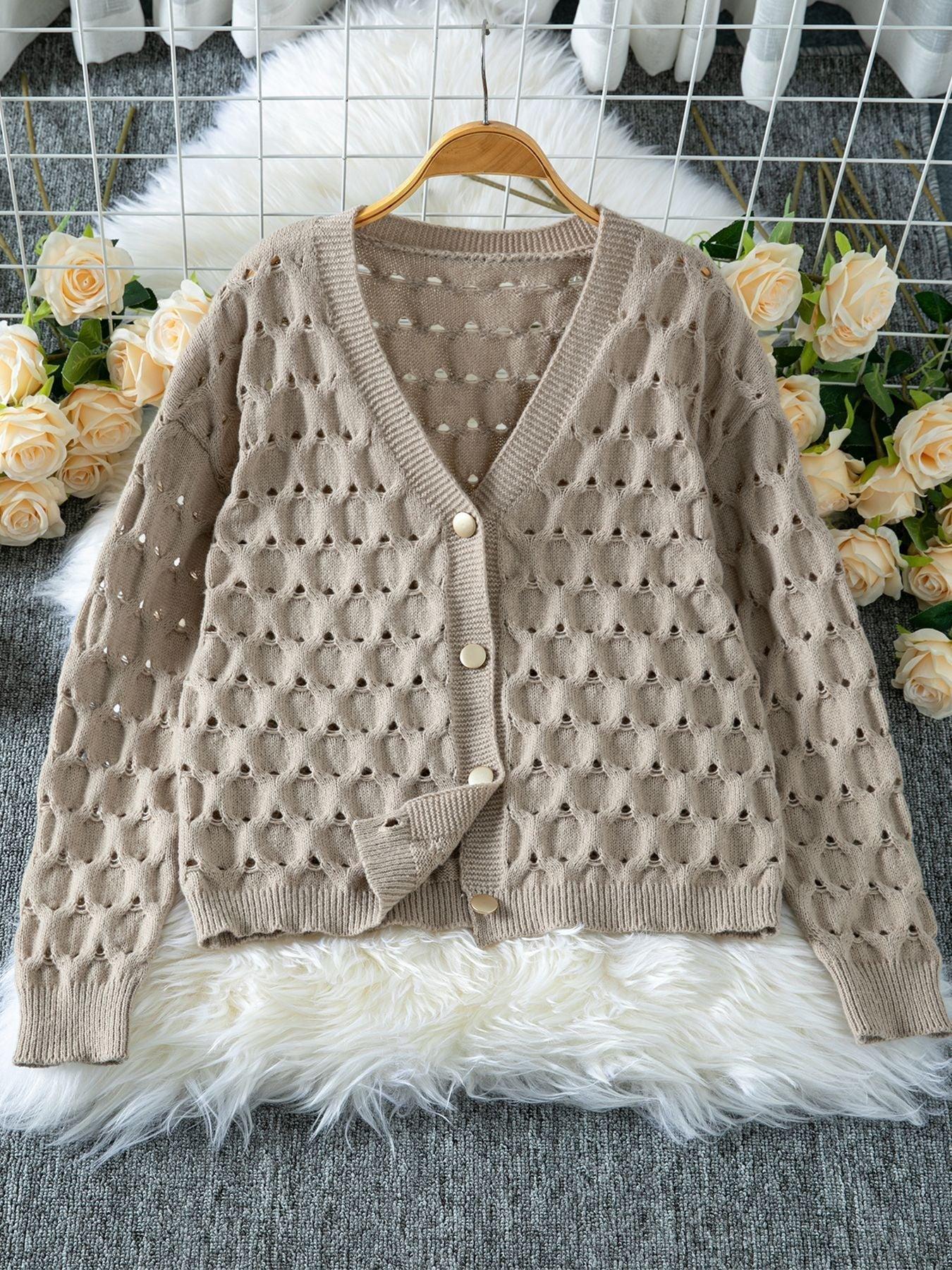Beige knit cardigan with hollow out pattern and gold buttons - View 6 | WEUXS