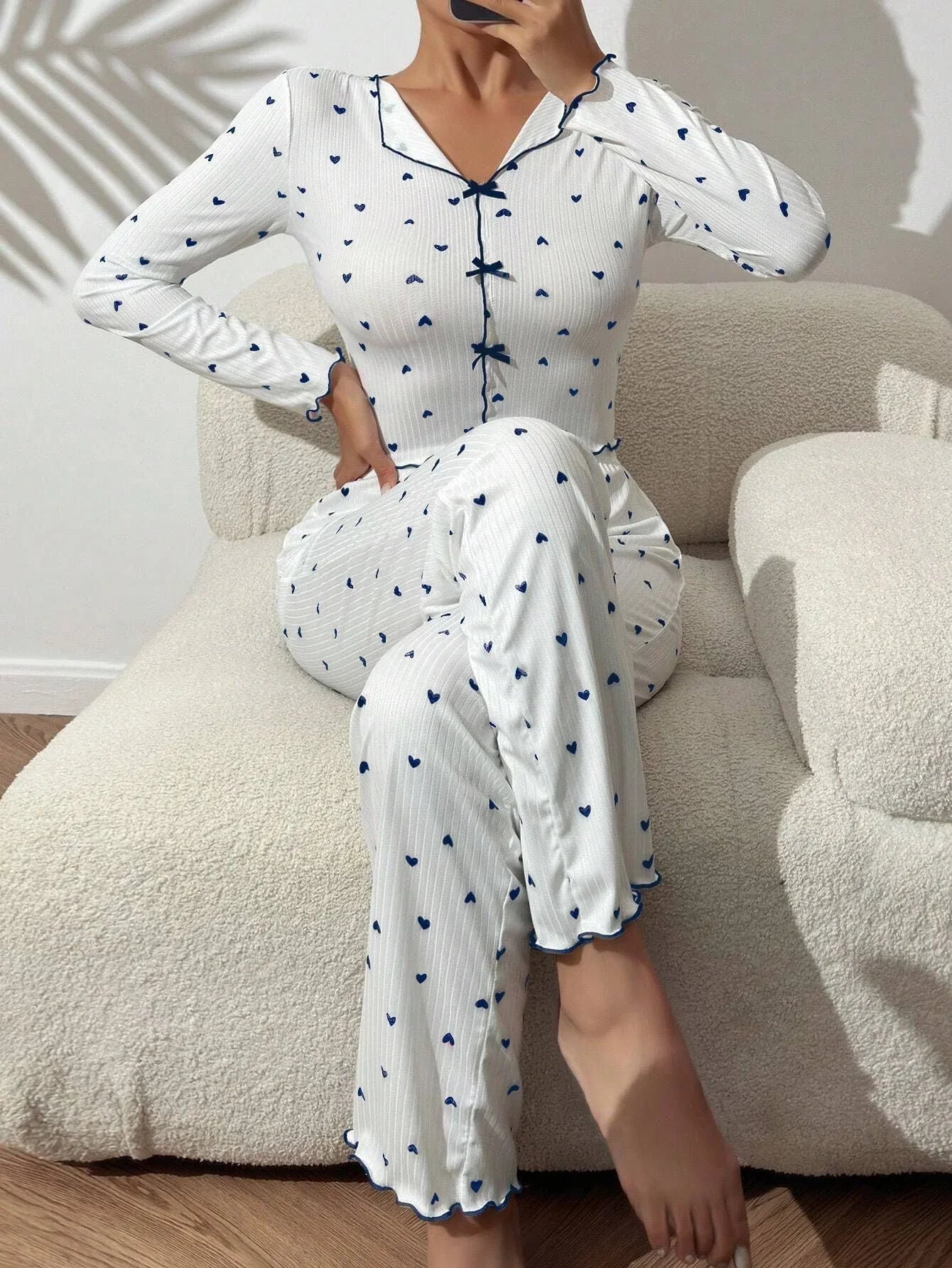 Ribbed Heart Print Pajama Set - View 19 | WEUXS