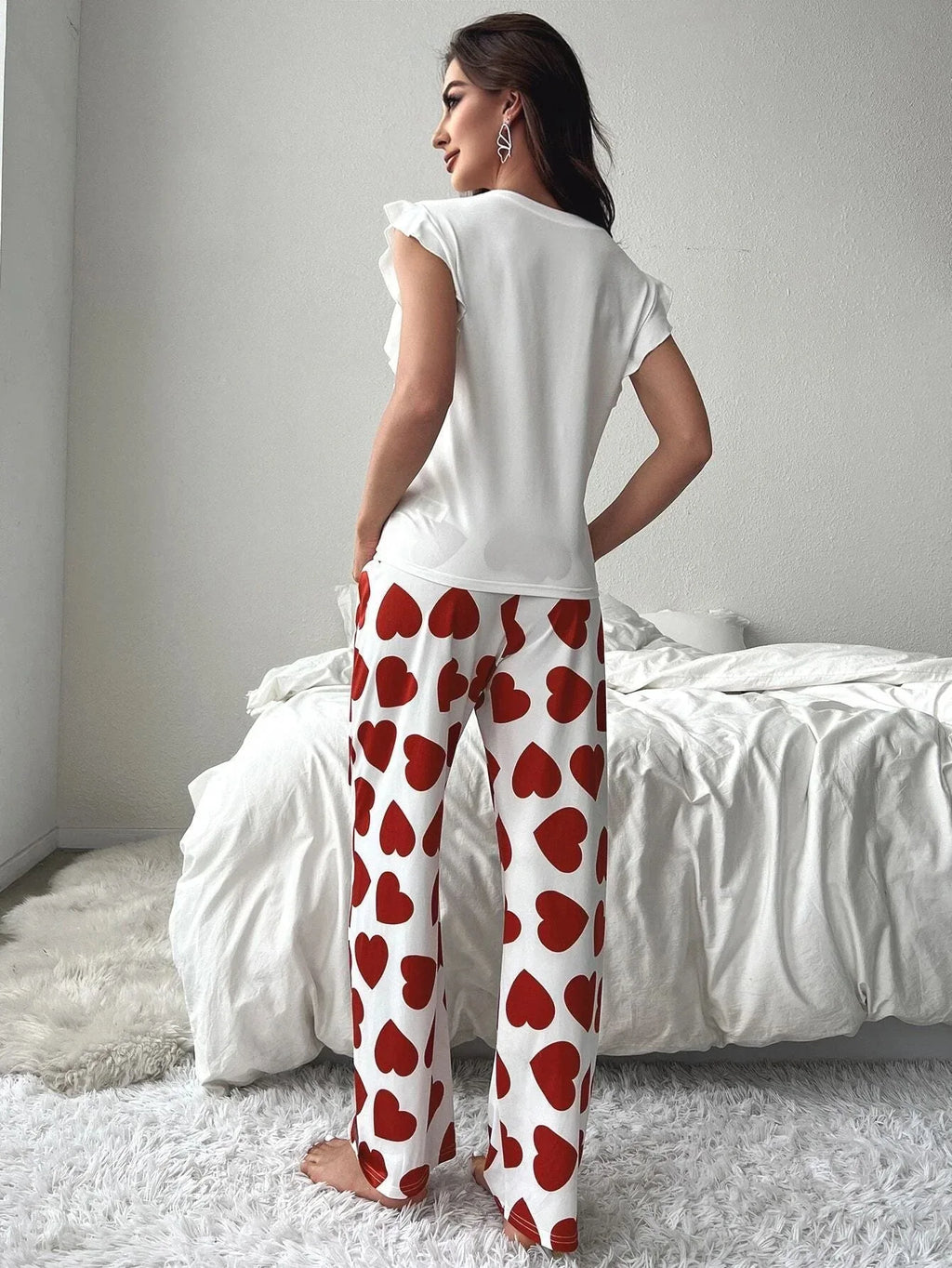 Heart Print Pajama Set with Ruffle Sleeves - View 14 | WEUXS