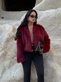 Luxe Burgundy Shaggy Faux Fur Cropped Jacket - WEUXS