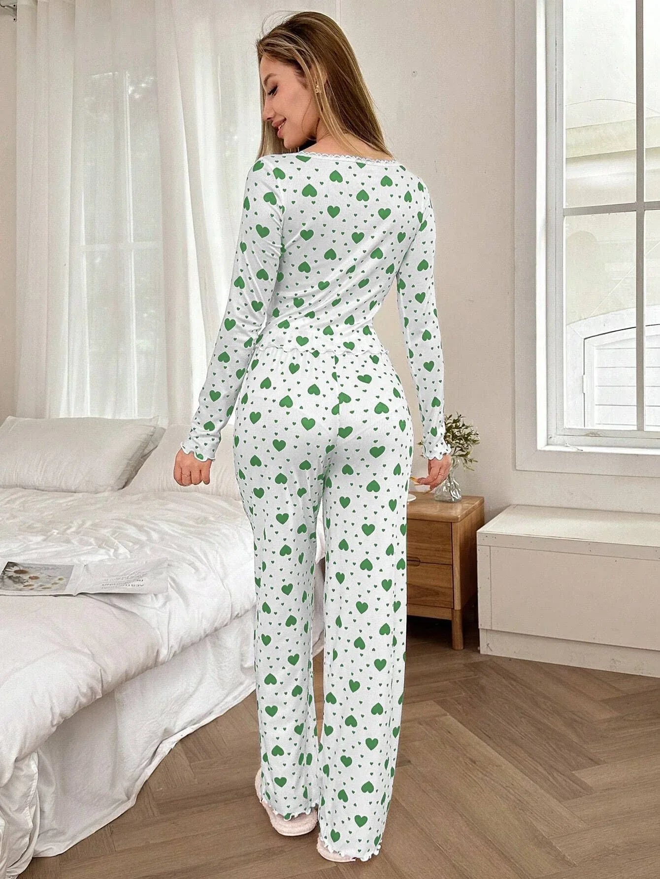 Ribbed Heart Print Pajama Set - View 29 | WEUXS