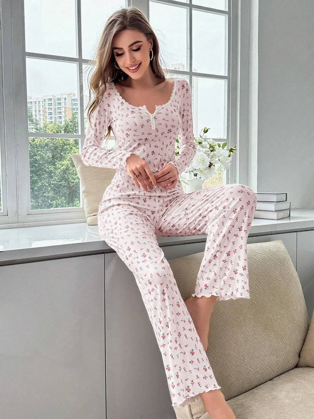 Ribbed Floral Henley Pajama Set - View 9 | WEUXS